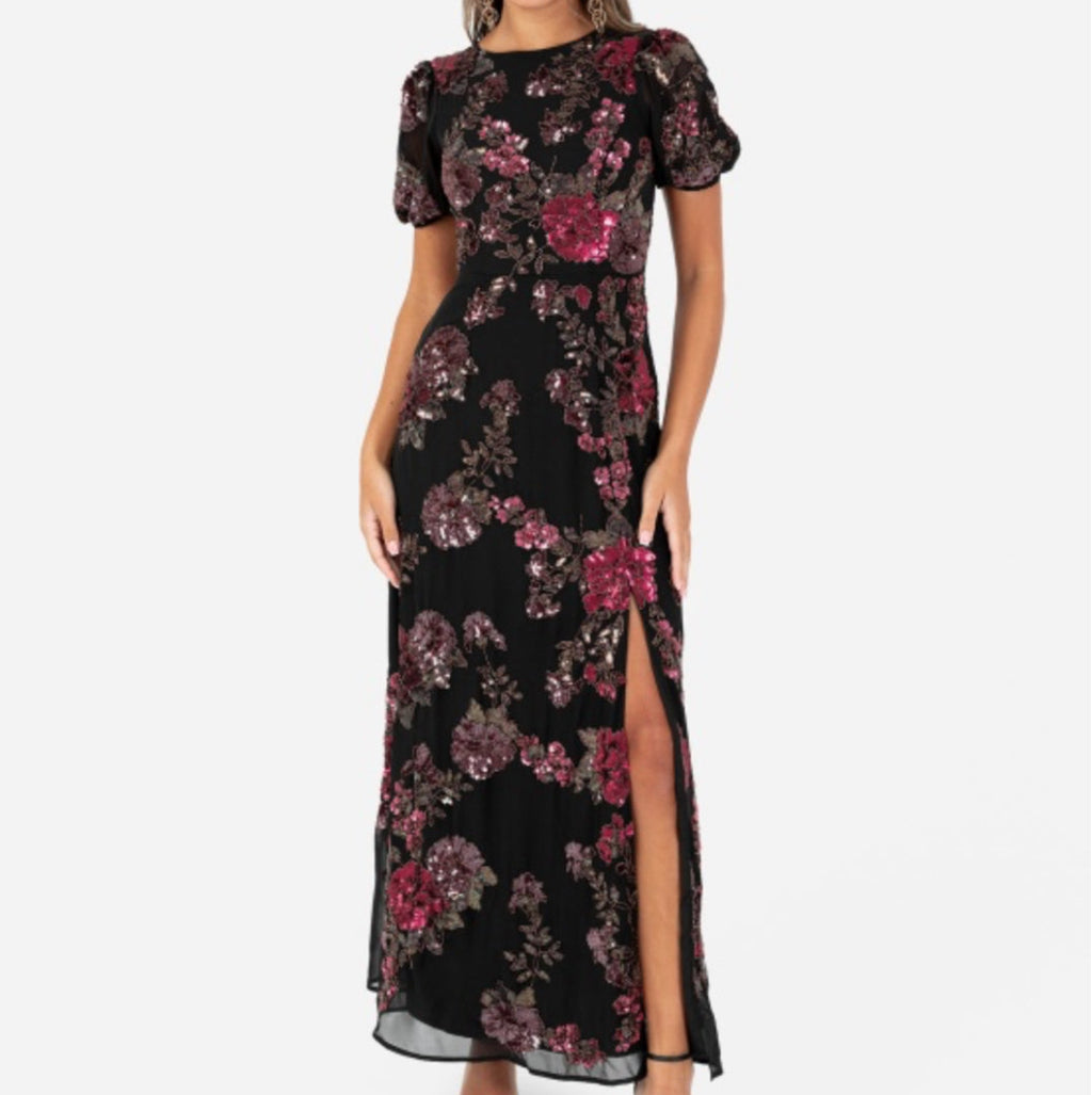 Black Floral Sequined Maxi Dress with Bow Back