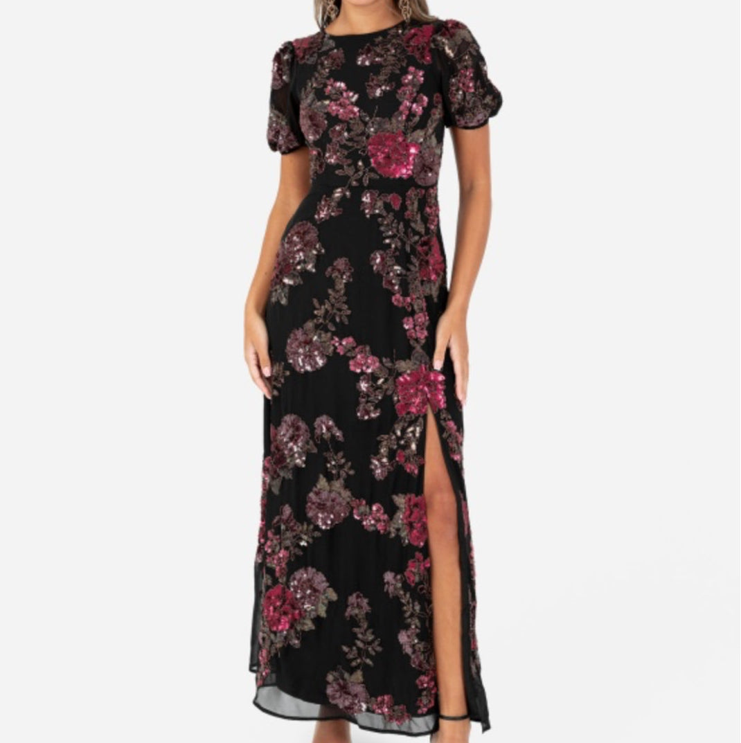 Black Floral Sequined Maxi Dress with Bow Back