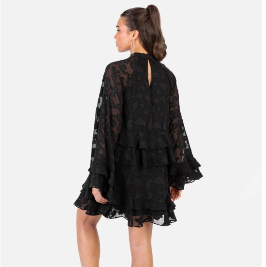 Tiered Ruffle Mini Dress - Black Floral