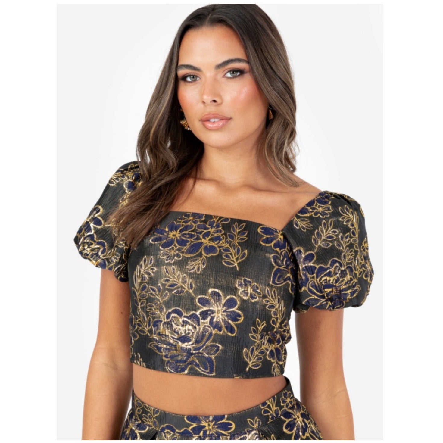 Embroidered Jacquard Crop Top Black & Gold