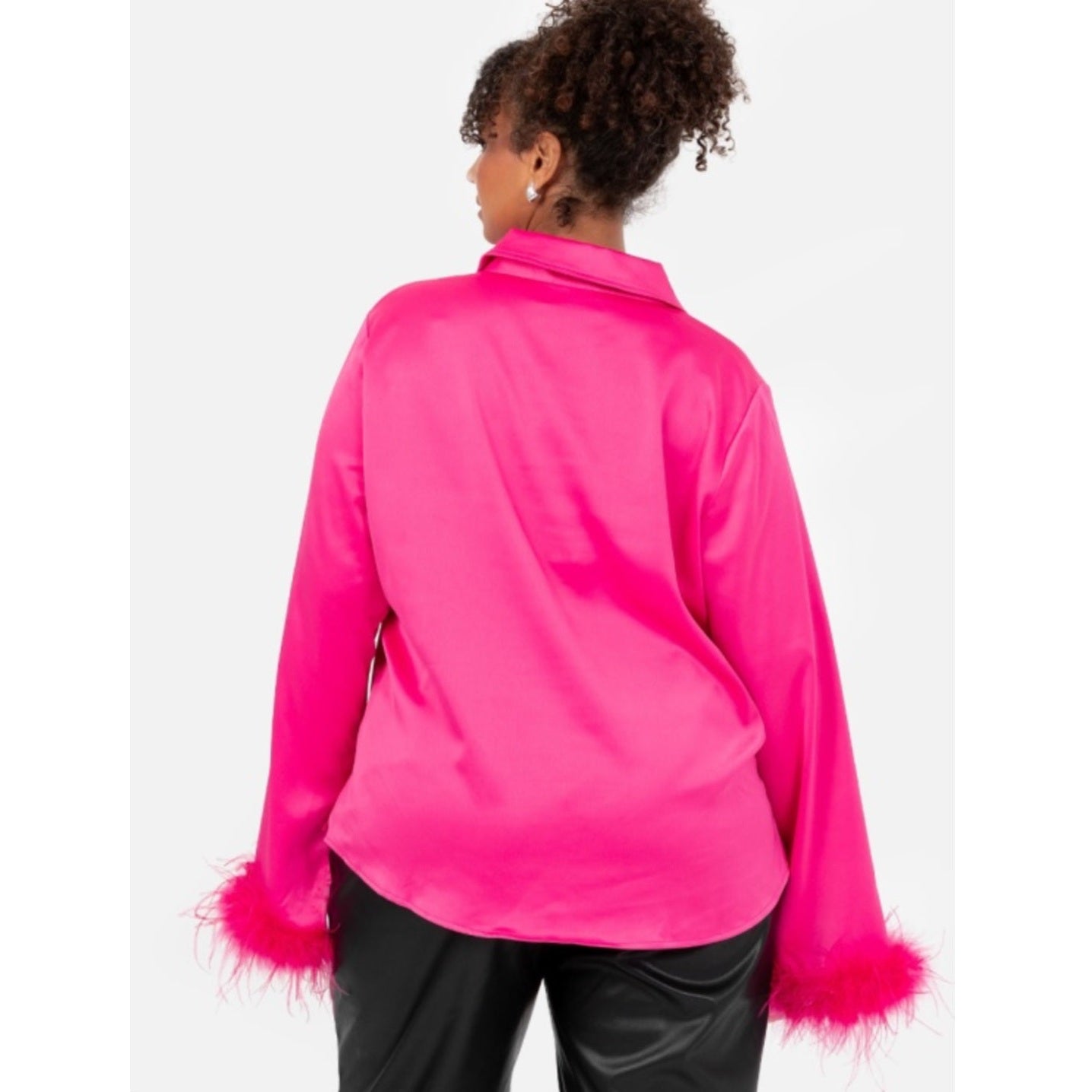 Fuchsia Satin Shirt with Feather Cuffs