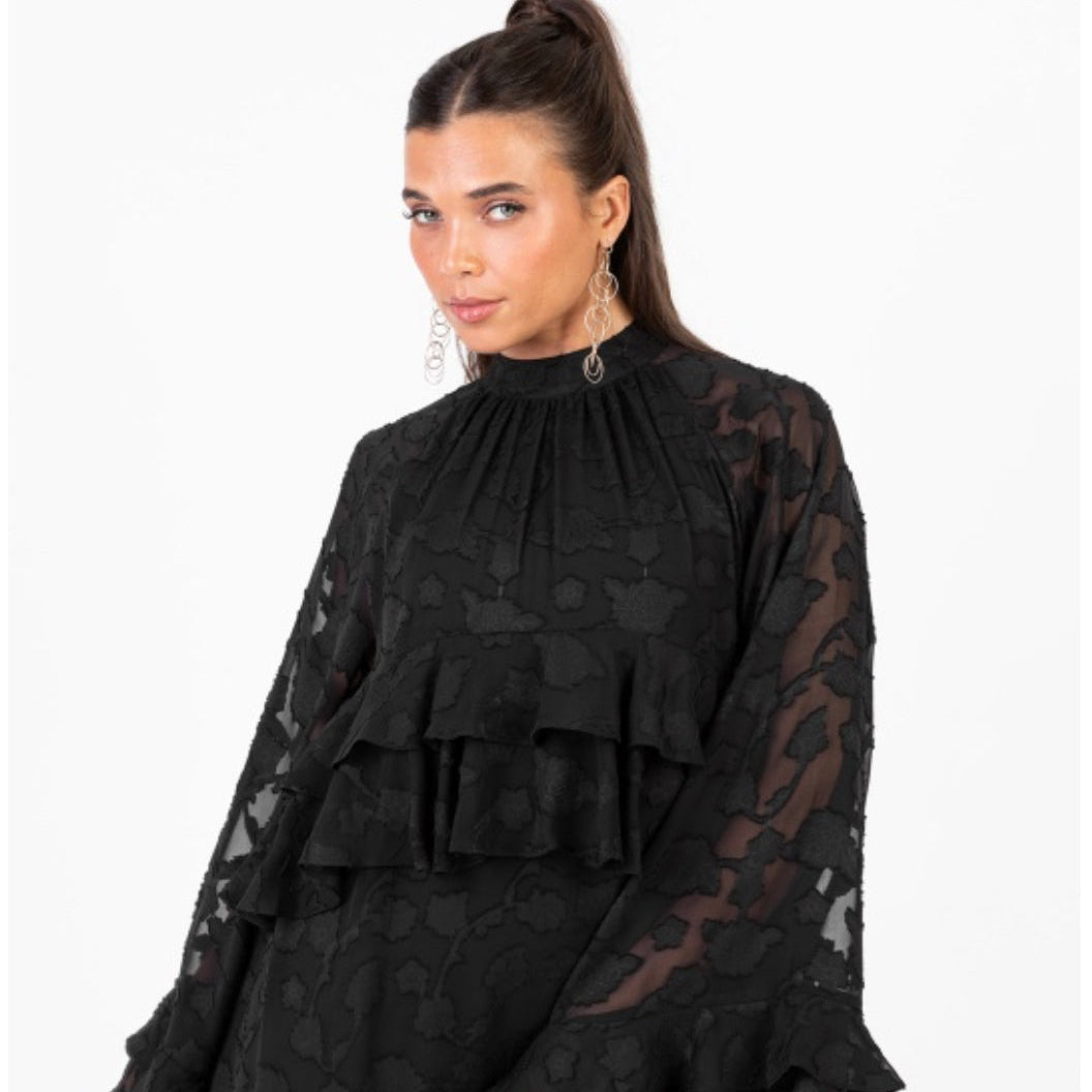 Tiered Ruffle Mini Dress - Black Floral