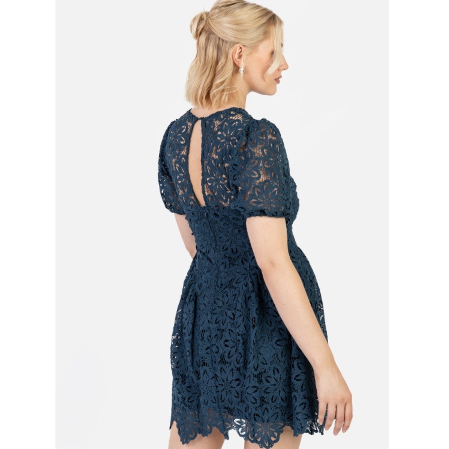 Navy Lace Mini Dress with Keyhole Back