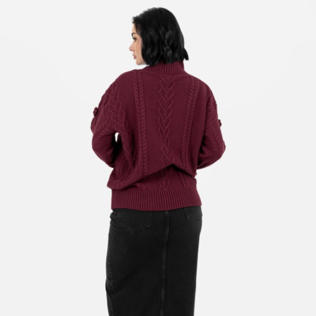 Burgundy Cable Knit High Neck Jumper with Floral Detail