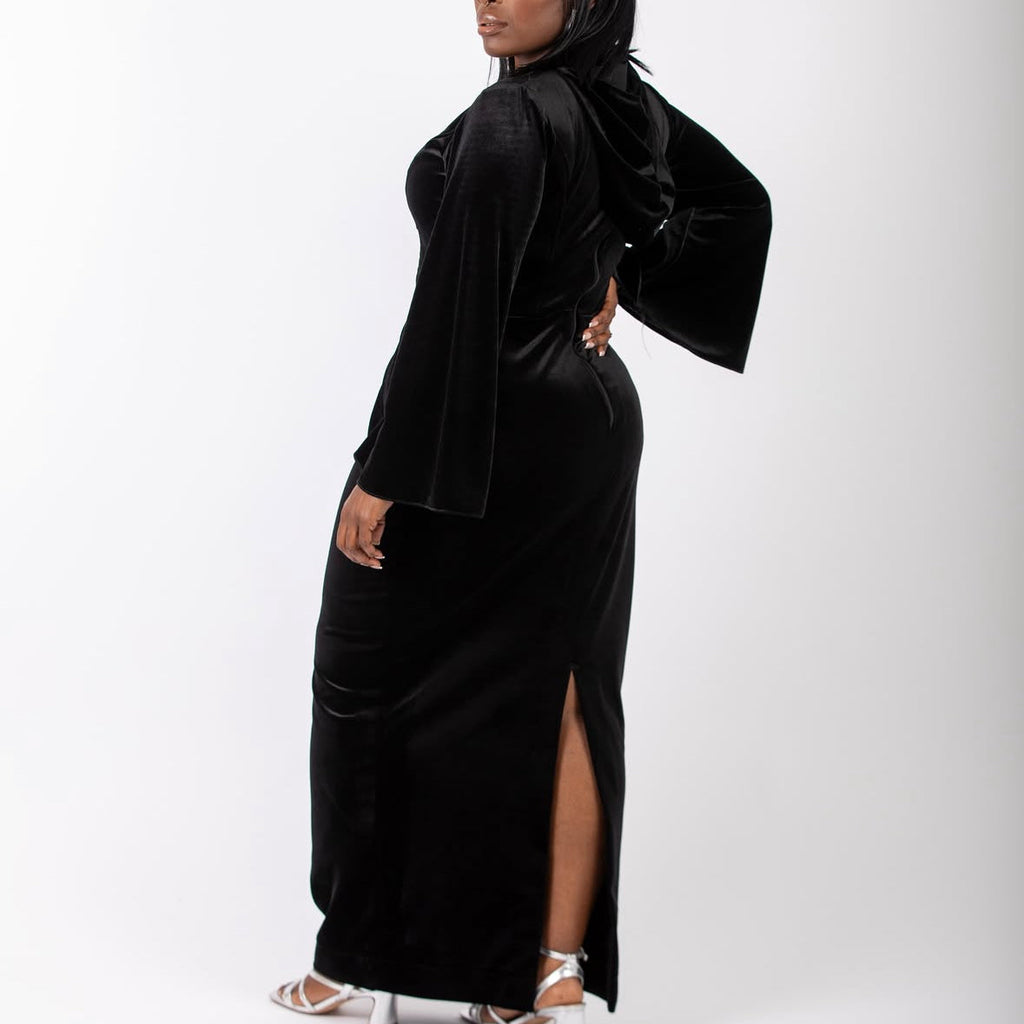 Black Sued Bell Sleeve Dress With Hood