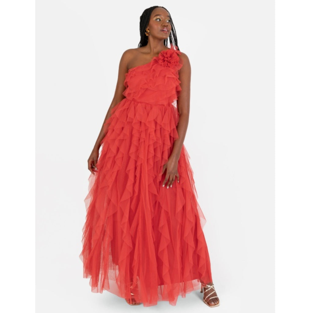 Recycled Ruffled Tulle Gown - Coral