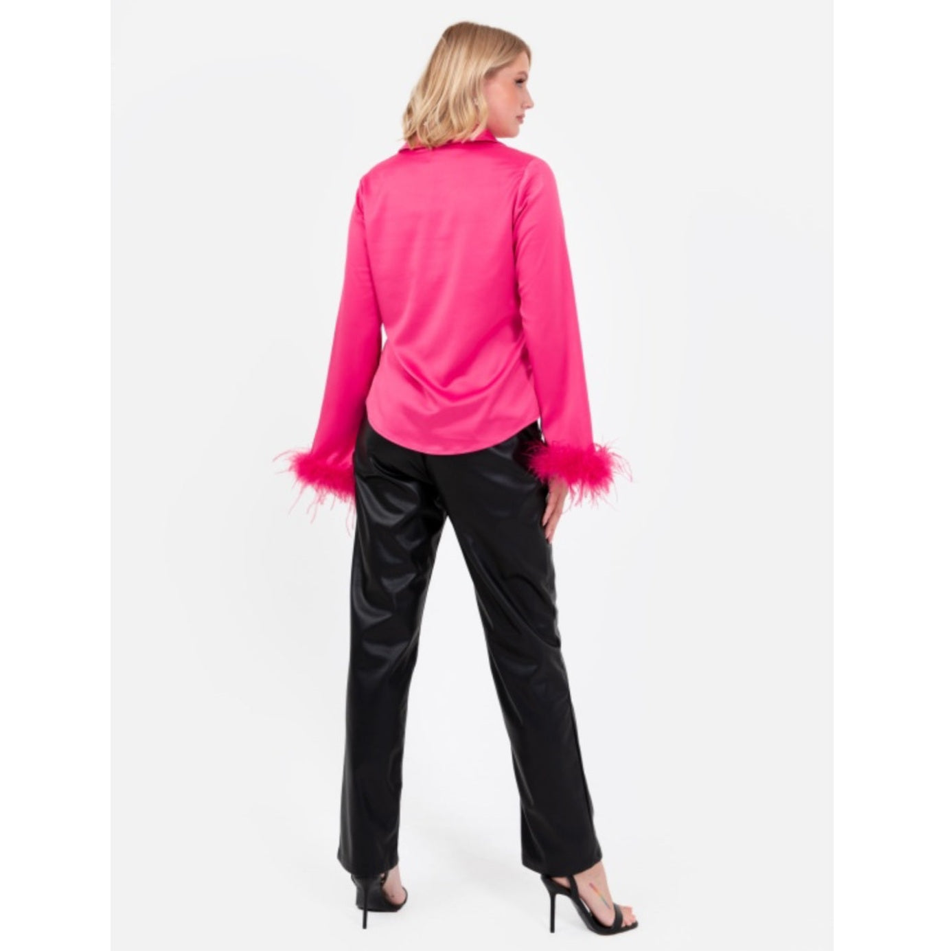 Fuchsia Satin Shirt with Feather Cuffs