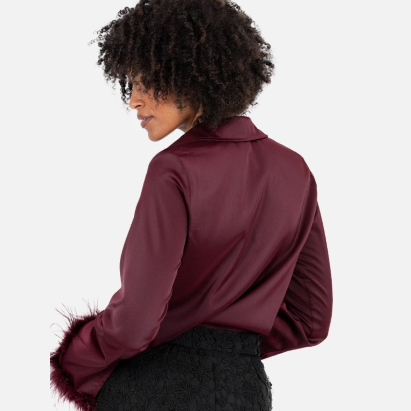Burgundy Satin Shirt with Feather Cuffs
