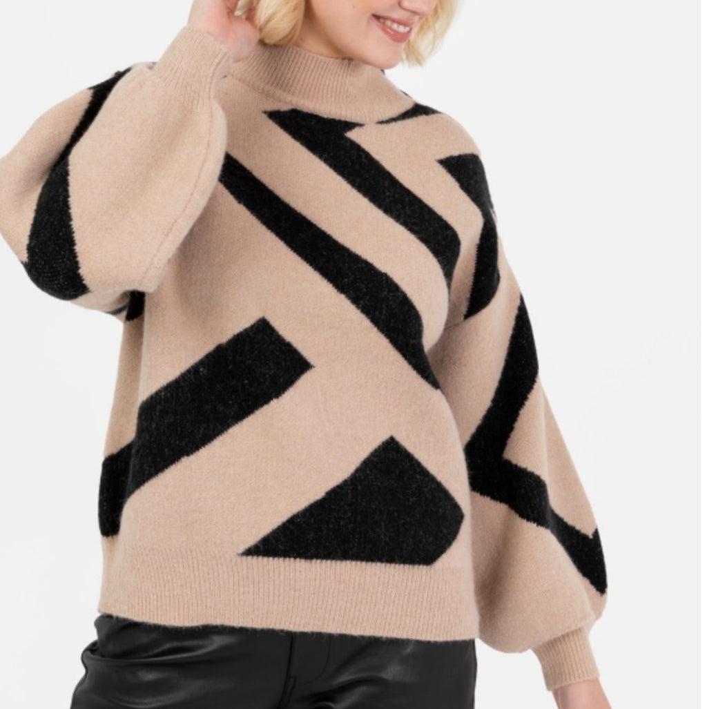 Beige & Black Geometric Knit Sweater