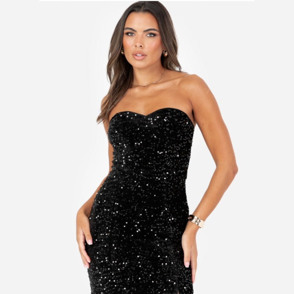 Black Embellished Velvet Bandeau Maxi Dress