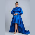 Royal Blue Satin High-Low Gown with Bishop Sleeves