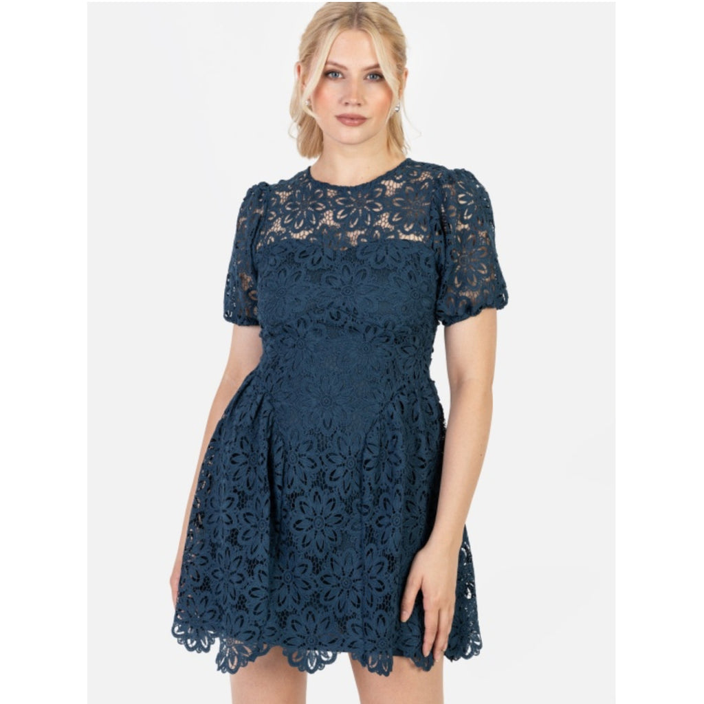 Navy Lace Mini Dress with Keyhole Back