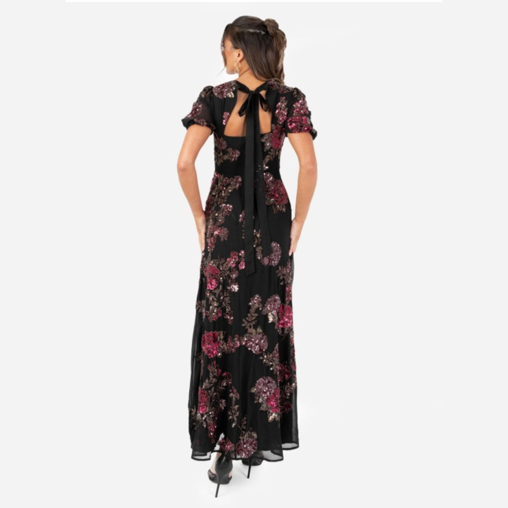 Black Floral Sequined Maxi Dress with Bow Back
