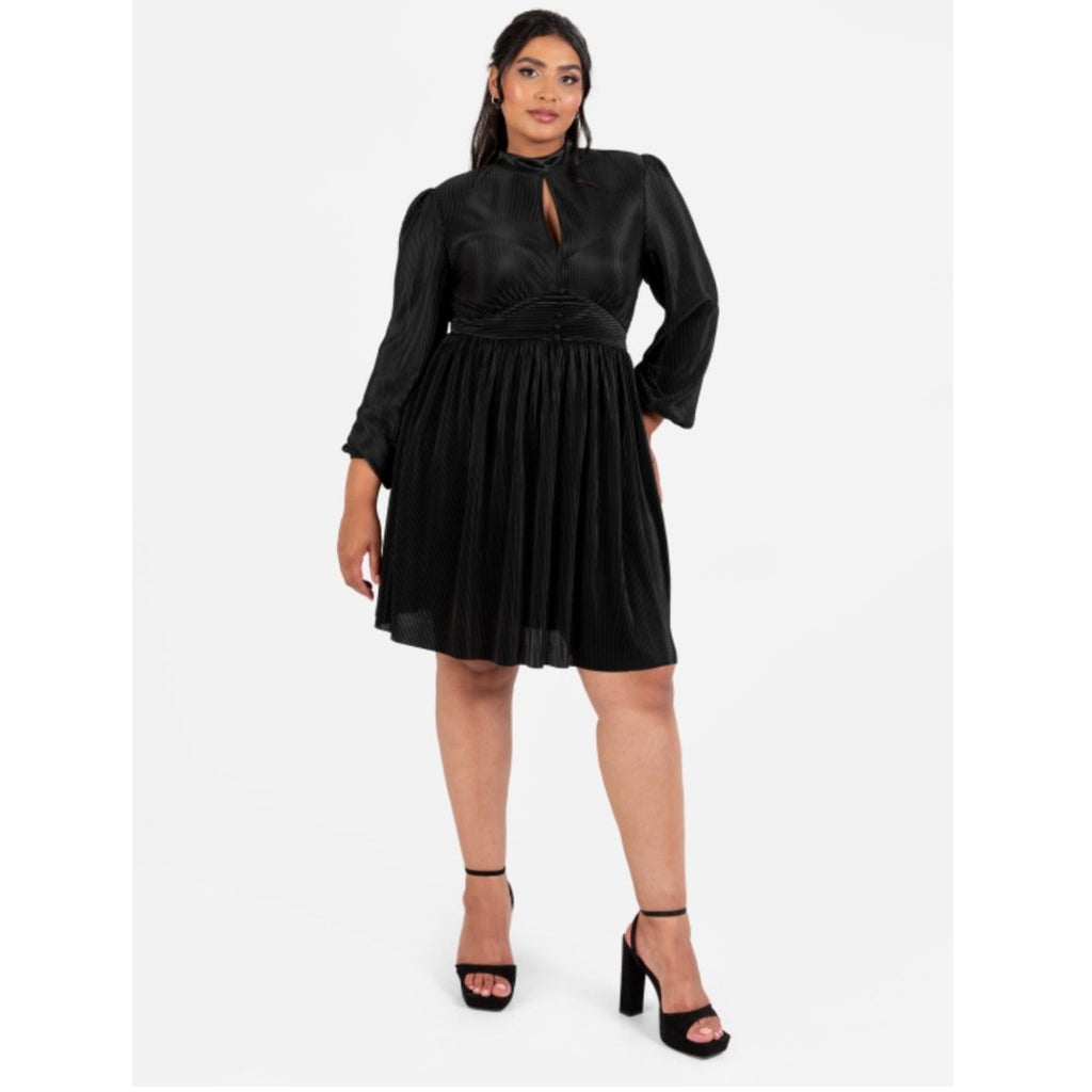 Plissé Mini Dress with Keyhole Detail Black