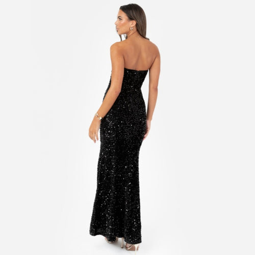 Black Embellished Velvet Bandeau Maxi Dress