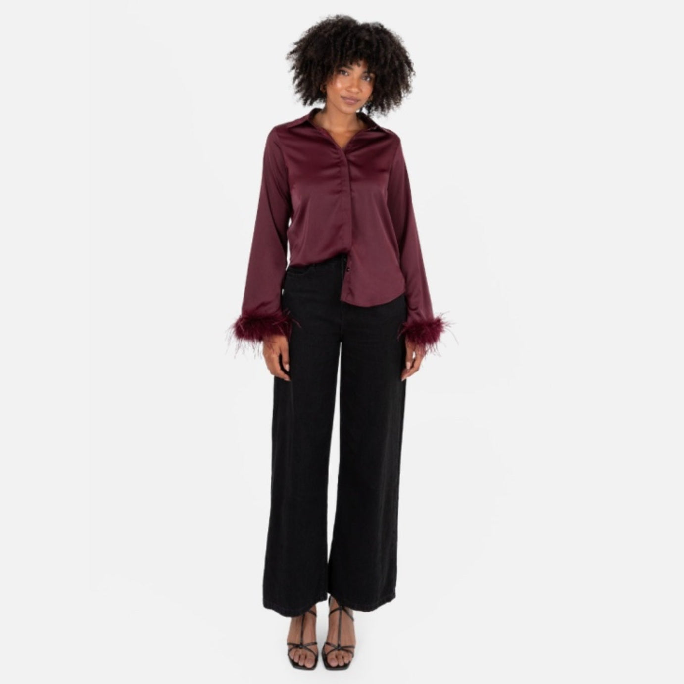 Burgundy Satin Shirt with Feather Cuffs