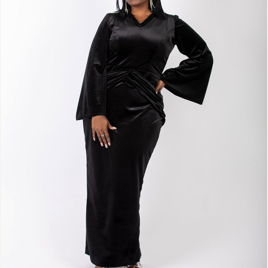 Black Sued Bell Sleeve Dress With Hood