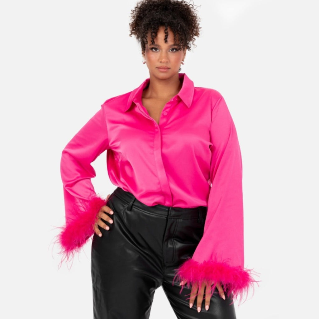 Fuchsia Satin Shirt with Feather Cuffs