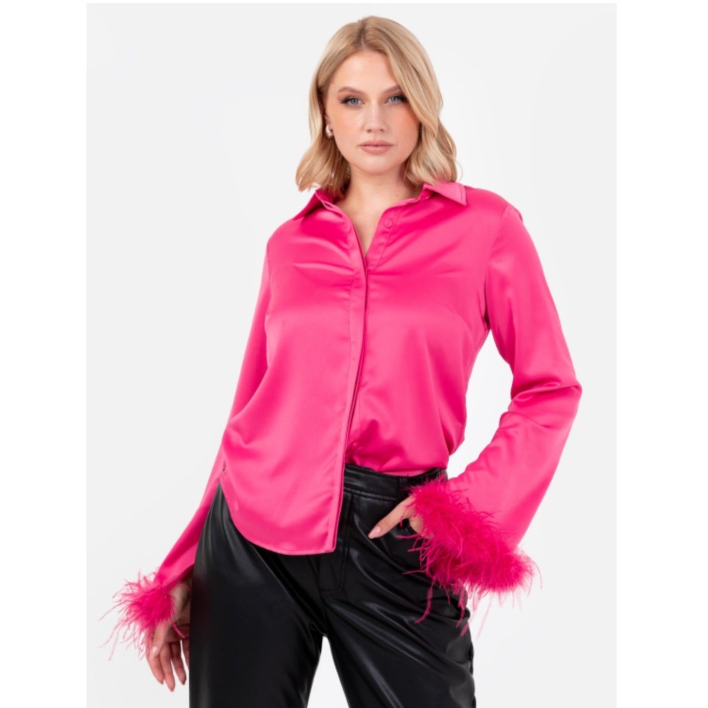 Fuchsia Satin Shirt with Feather Cuffs