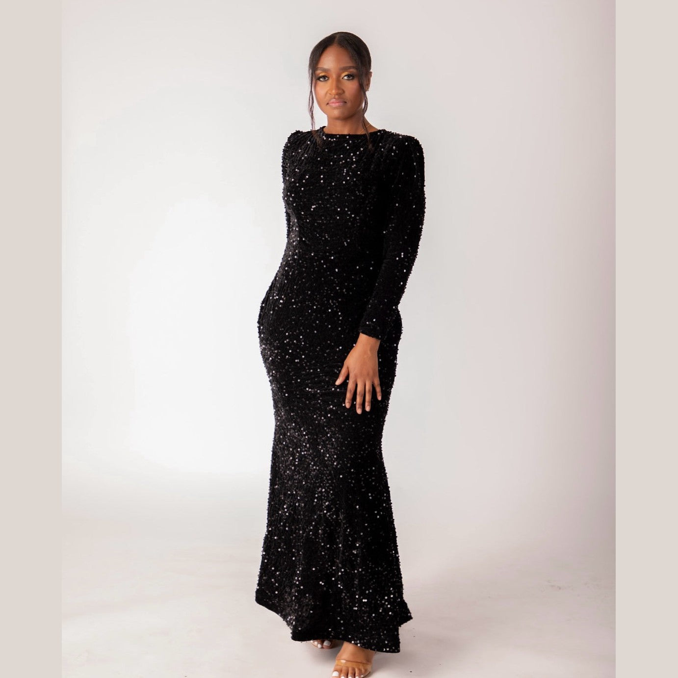 The black sparkling velvet glitter evening gown