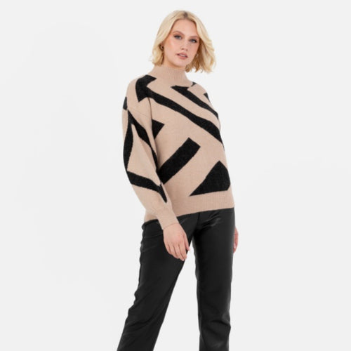 Beige & Black Geometric Knit Sweater