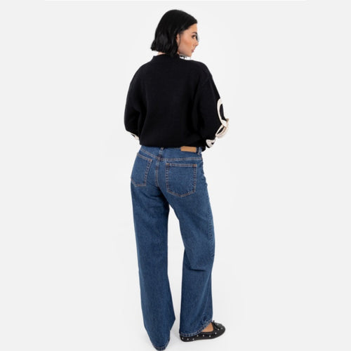 Black Jumper With Satin Squiggle Appliqué on sleeve