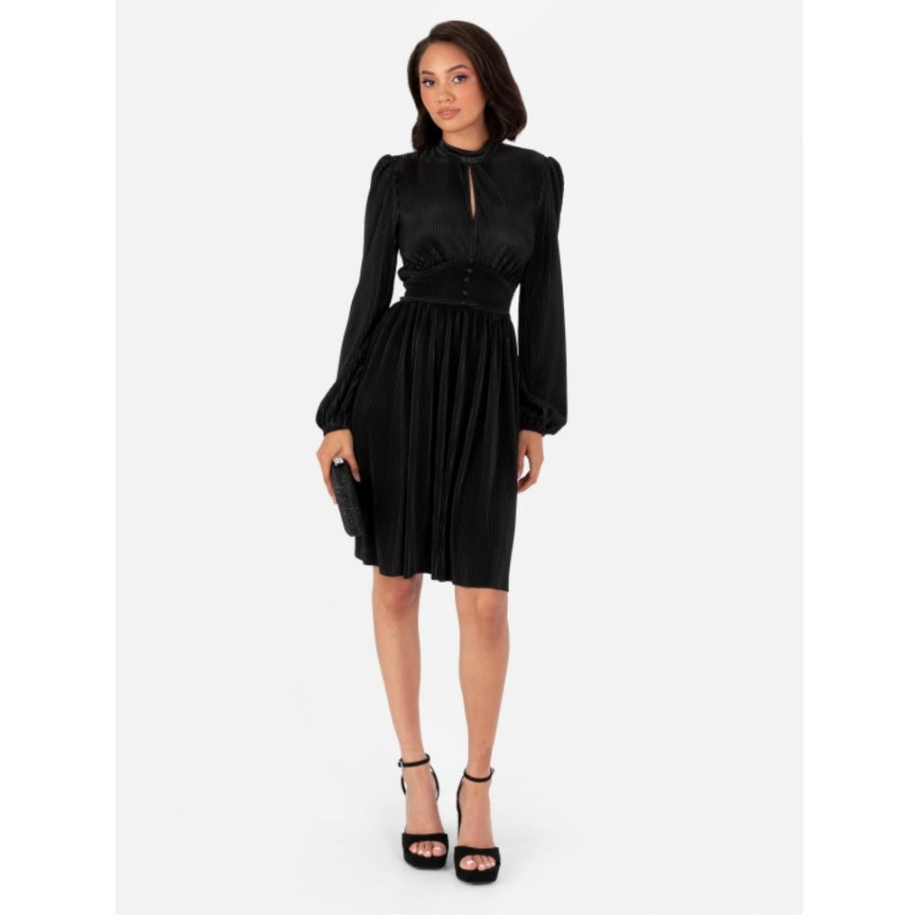 Plissé Mini Dress with Keyhole Detail Black