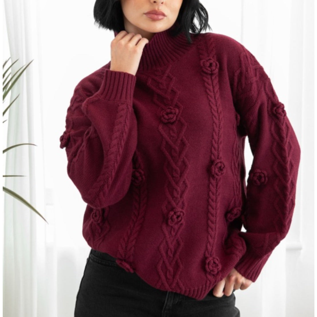 Burgundy Cable Knit High Neck Jumper with Floral Detail