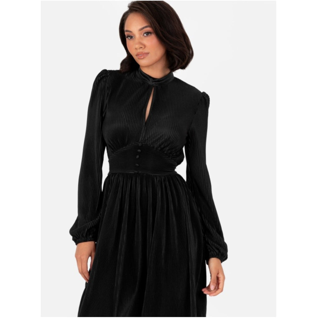 Plissé Mini Dress with Keyhole Detail Black