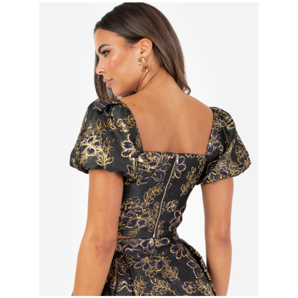 Embroidered Jacquard Crop Top Black & Gold