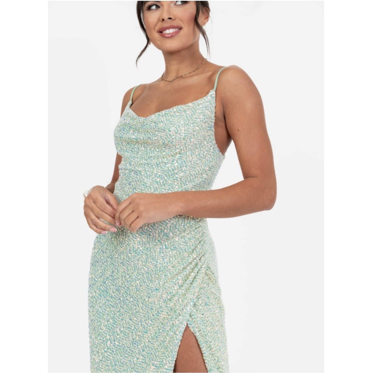 Mint Sequined Gown with Thigh-High Slit