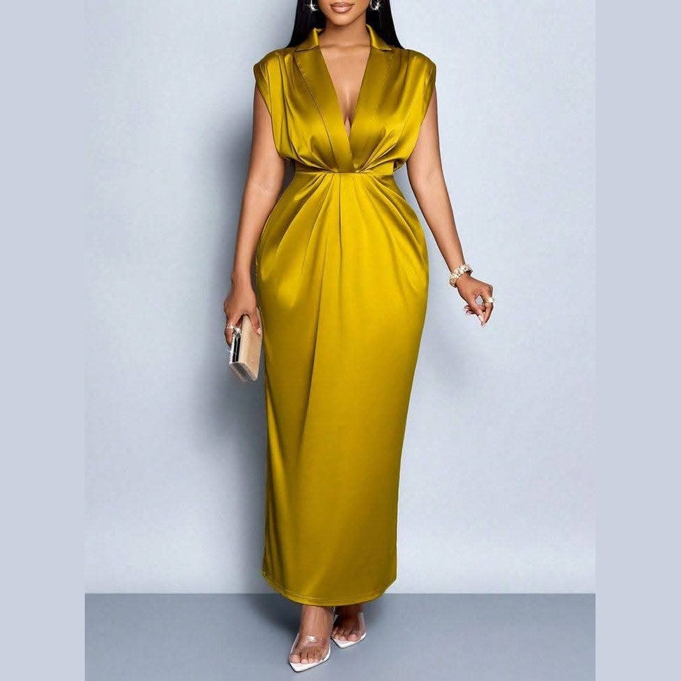 Chartreuse Satin Draped Maxi Dress