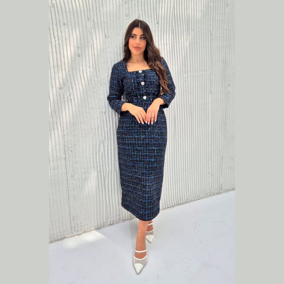 Navy Blue Tweed Midi Dress