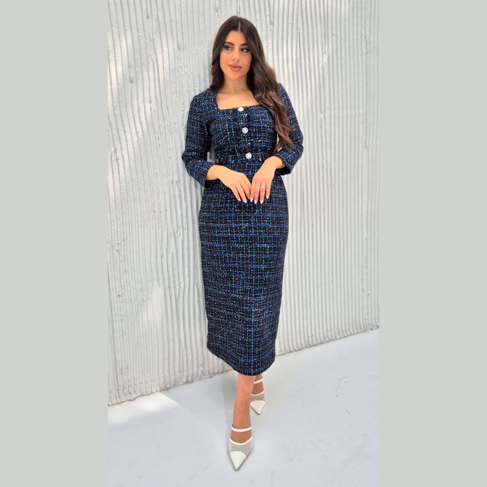 Navy Blue Tweed Midi Dress