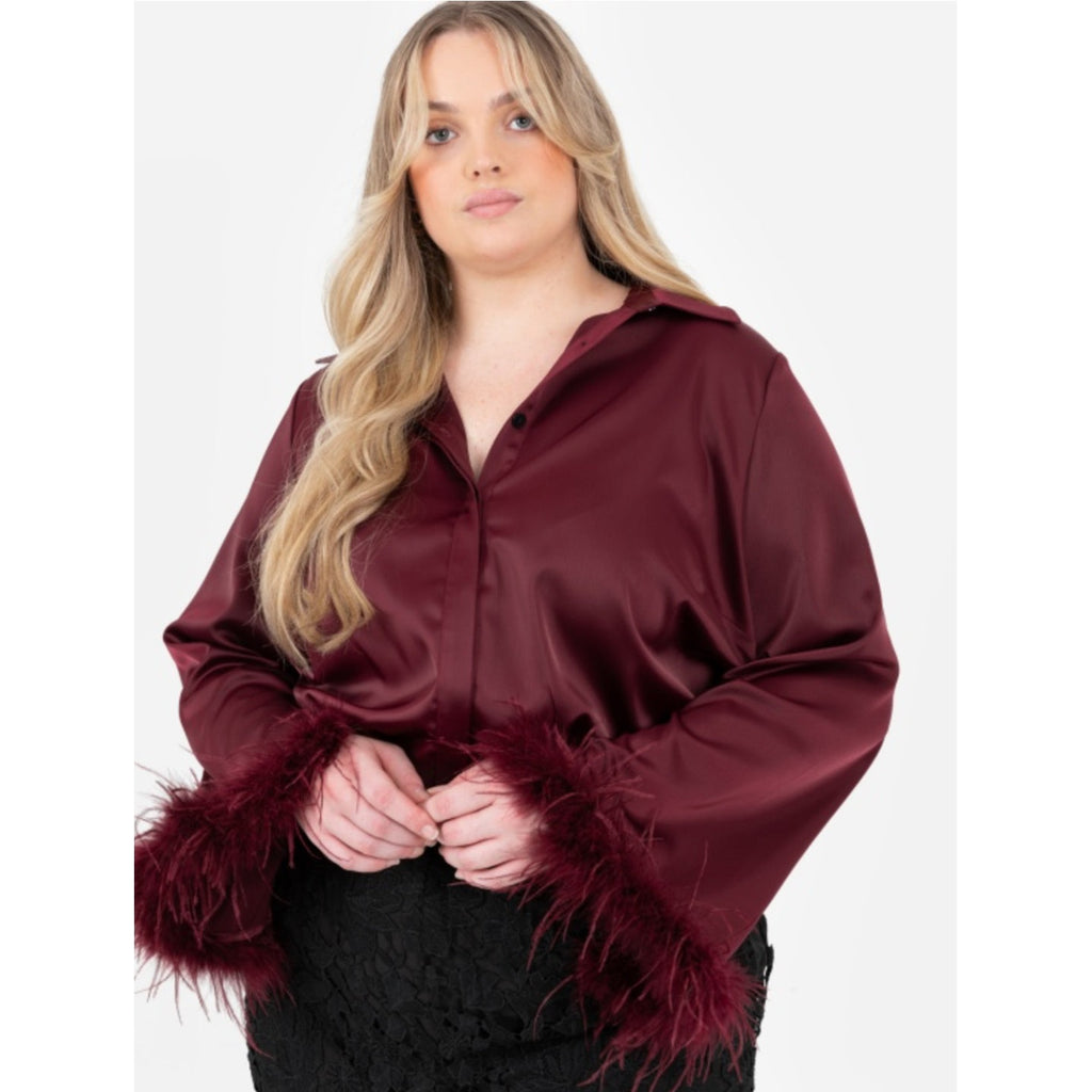 Burgundy Satin Shirt with Feather Cuffs