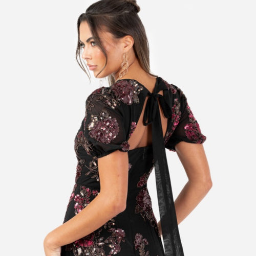 Black Floral Sequined Maxi Dress with Bow Back