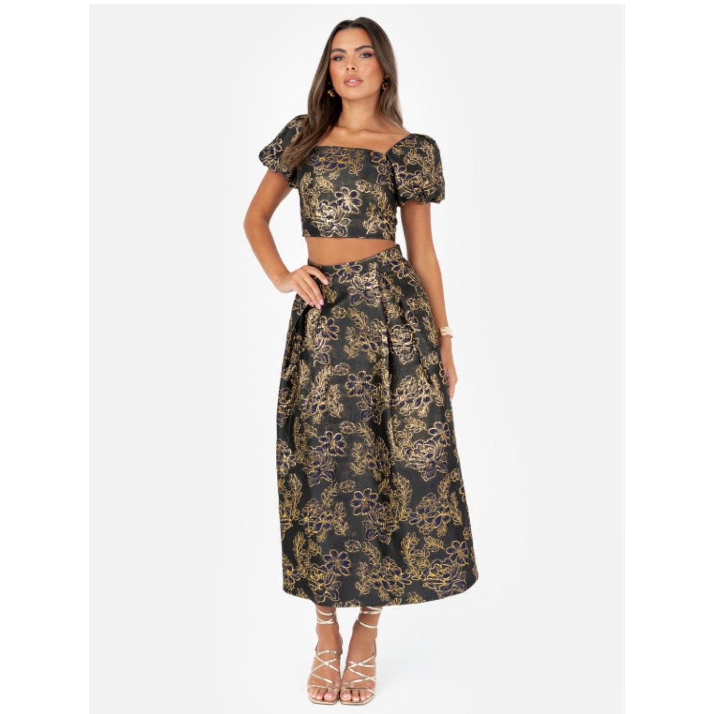 Embroidered Jacquard Midi Skirt Black & Gold
