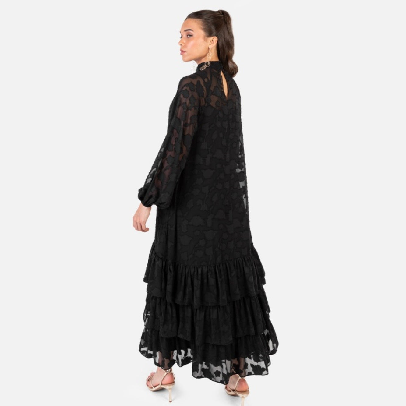 Black Textured Tiered Midi Dress