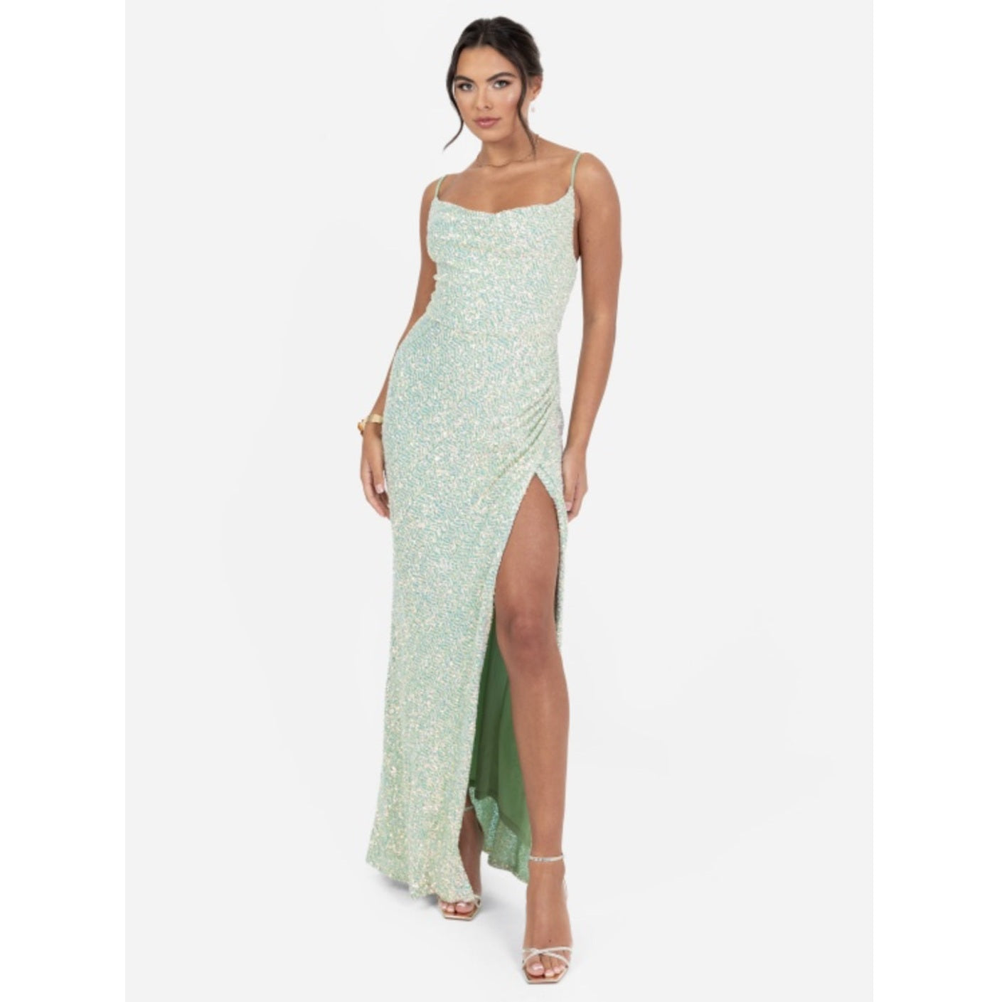 Mint Sequined Gown with Thigh-High Slit
