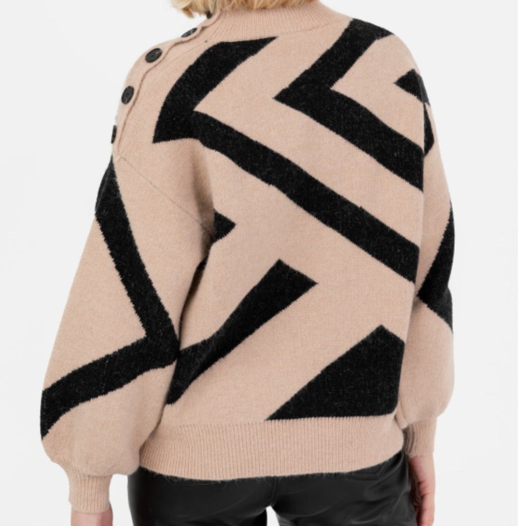 Beige & Black Geometric Knit Sweater