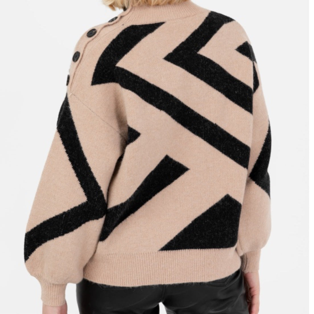 Beige & Black Geometric Knit Sweater