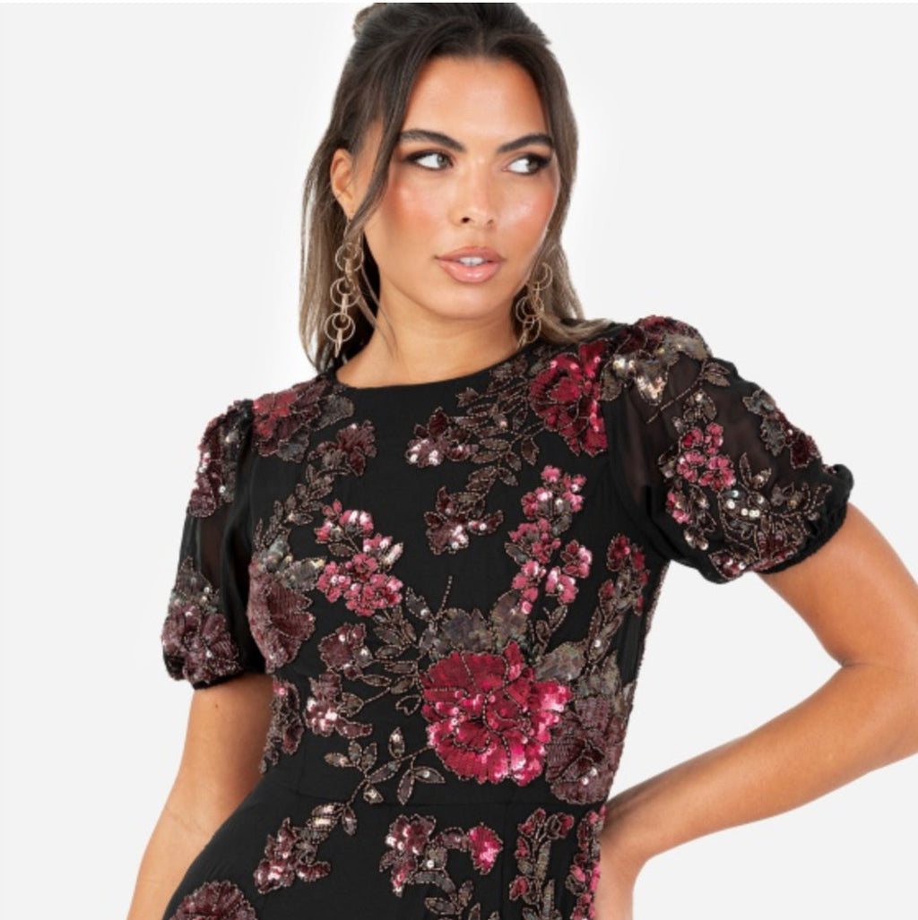 Black Floral Sequined Maxi Dress with Bow Back