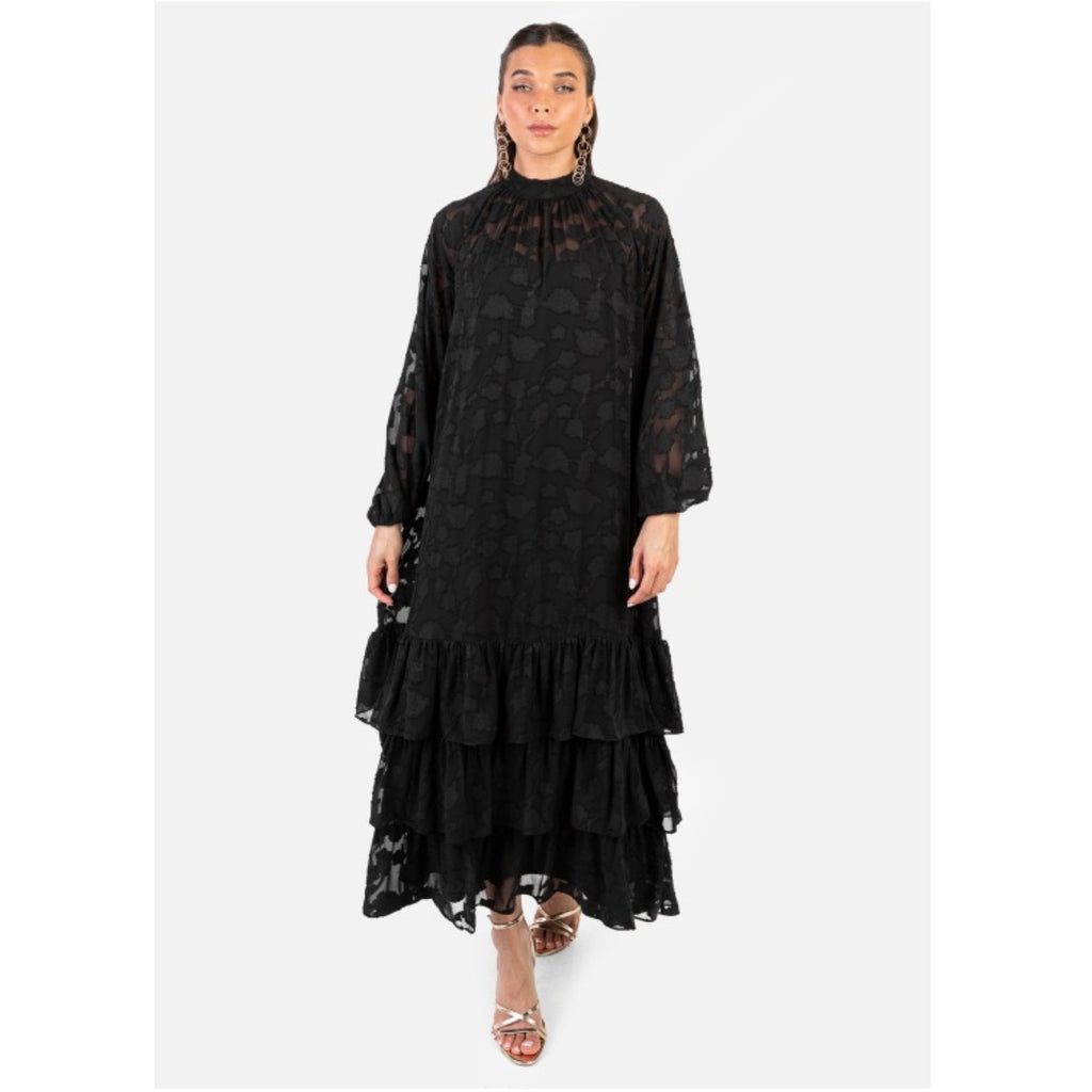 Black Textured Tiered Midi Dress