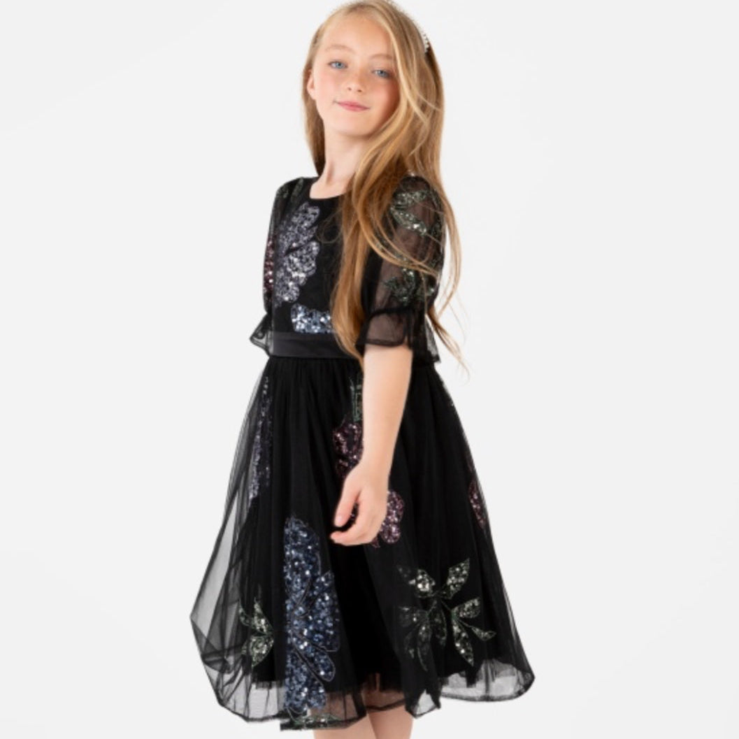 Black Sequin Floral Tulle Dress
