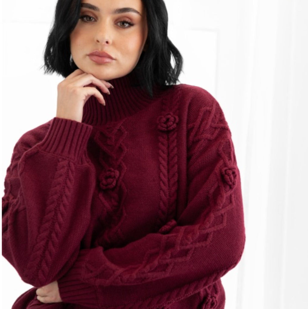 Burgundy Cable Knit High Neck Jumper with Floral Detail