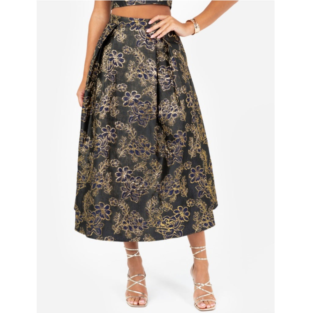 Embroidered Jacquard Midi Skirt Black & Gold