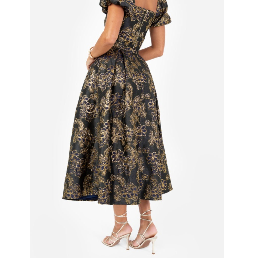 Embroidered Jacquard Midi Skirt Black & Gold