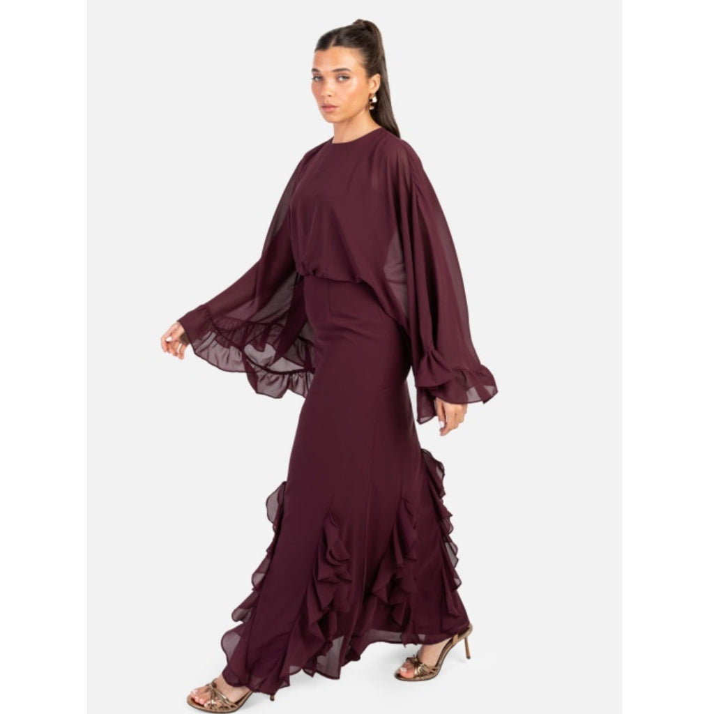 Recycled Maroon Oversized Ruffle Sleeve Maxi Dress