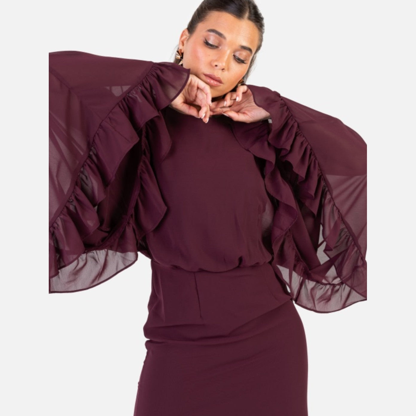 Recycled Maroon Oversized Ruffle Sleeve Maxi Dress