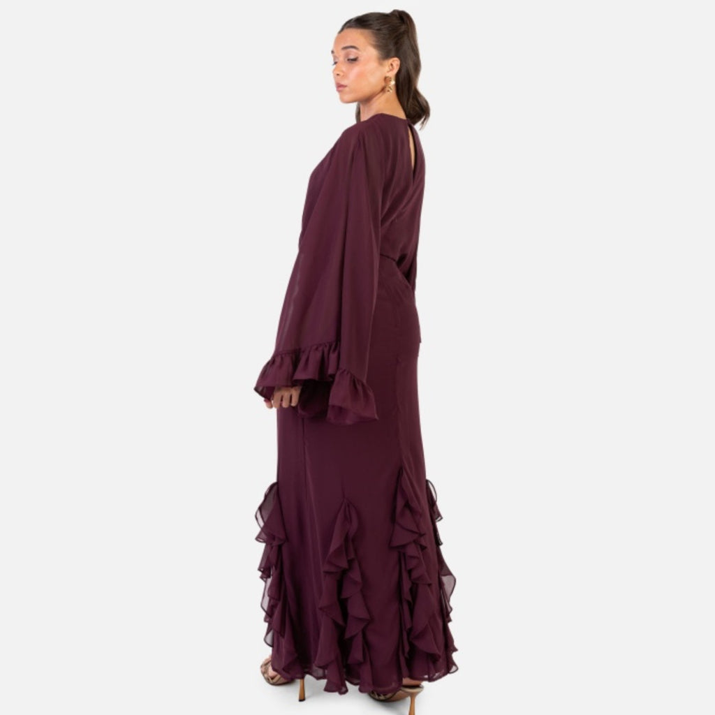 Recycled Maroon Oversized Ruffle Sleeve Maxi Dress
